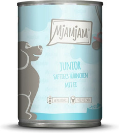 Produktbild von MJAMJAM Leckere Mahlzeit Junior 400g Hundenassfutter Sparpaket 12 x 400 Gramm saftiges Hühnchen mit Ei