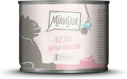 Produktbild von MJAMJAM Leckere Mahlzeit Kitten 200g Dose Katzennassfutter Sparpaket 12 x 200 Gramm saftiges Huhn mit Lachsöl