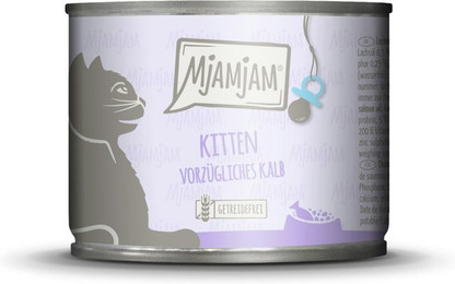 Produktbild von MJAMJAM Leckere Mahlzeit Kitten 200g Dose Katzennassfutter Sparpaket 12 x 200 Gramm vorzügliches Kalb mit Lachsöl