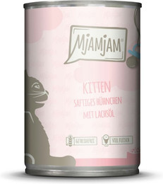 Produktbild von MJAMJAM Leckere Mahlzeit Kitten 400g Dose Katzennassfutter Sparpaket 12 x 400 Gramm saftiges Huhn mit Lachsöl