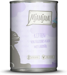 Produktbild von MJAMJAM Leckere Mahlzeit Kitten 400g Dose Katzennassfutter Sparpaket 12 x 400 Gramm vorzügliches Kalb mit Lachsöl