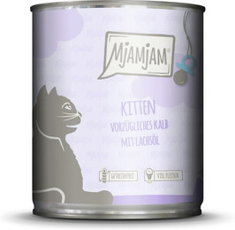 Produktbild von MJAMJAM Leckere Mahlzeit Kitten 800g Dose Katzennassfutter Sparpaket 12 x 800 Gramm vorzügliches Kalb mit Lachsöl