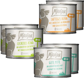 Produktbild von MjAMjAM Mixpaket I Nassfutter für Hunde mit Huhn, Ente, Rind und Pute - 6 x 200 g