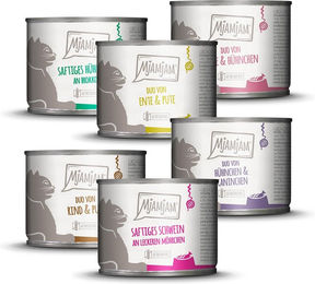 Produktbild von MjAMjAM Mixpaket VII Huhn, Ente & Pute, Ente & Huhn, Rind & Pute, Schwein, Huhn & Kaninchen - 24 x 200 g