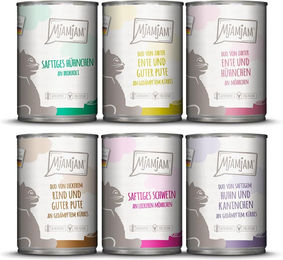Produktbild von MjAMjAM Mixpaket VII Huhn, Ente & Pute, Ente & Huhn, Rind & Pute, Schwein, Huhn & Kaninchen - 6 x 400 g