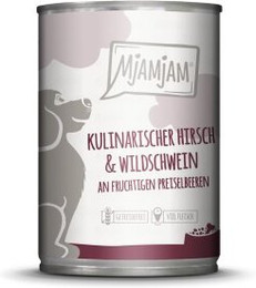 Produktbild von MjAMjAM Nassfutter Hund Adult kulinarischer Hirsch & Wildschwein an fruchtigen Preiselbeeren - 6 x 400 g