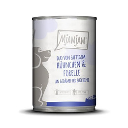 Produktbild von MjAMjAM Premium Nassfutter für Hunde DUO Hühnchen & Forelle an Zucchini - 400 g