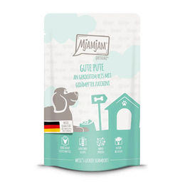 Produktbild von MjAMjAM Premium Nassfutter für Hunde Quetschie Gute Pute an gekochtem Reis mit gedämpfter Zucchini - 12 x 125 g