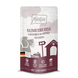 Produktbild von MjAMjAM Premium Nassfutter für Hunde Quetschie kulinarischer Hirsch & Wildschwein an Preiselbeeren - 12 x 125 g