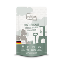 Produktbild von MjAMjAM Premium Nassfutter für Katzen Quetschie Kalb & Truthahn mit Möhrchen - 12 x 125 g
