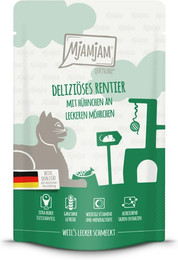 Produktbild von MJAMJAM Quetschies 125g Beutel Katzennassfutter 12 x 125 Gramm deliziöses Rentier mit Hühnchen an leckeren Möhrchen