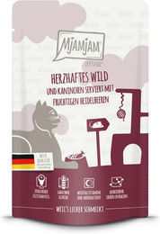 Produktbild von MJAMJAM Quetschies 125g Beutel Katzennassfutter 12 x 125 Gramm herzhaftes Wild & Kaninchen an fruchtigen Heidelbeeren