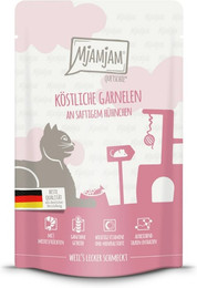 Produktbild von MJAMJAM Quetschies 125g Beutel Katzennassfutter 12 x 125 Gramm köstliche Garnelen an saftigem Hühnchen