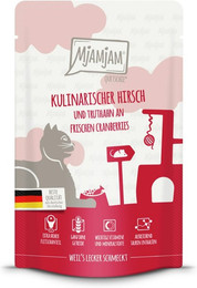Produktbild von MJAMJAM Quetschies 125g Beutel Katzennassfutter 12 x 125 Gramm kulinarischer Hirsch und Truthahn an frischen Cranberries