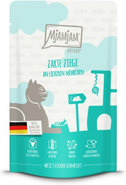 Produktbild von MJAMJAM Quetschies 125g Beutel Katzennassfutter 12 x 125 Gramm zarte Ziege an leckeren Möhrchen