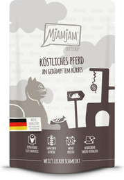 Produktbild von MJAMJAM Quetschies 125g Beutel Katzennassfutter Sparpaket 24 x 125 Gramm köstliches Pferd an gedämpftem Kürbis