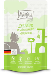 Produktbild von MJAMJAM Quetschies 125g Beutel Katzennassfutter Sparpaket 24 x 125 Gramm leckeres Rind an gedämpftem Kürbis