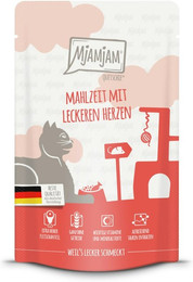 Produktbild von MJAMJAM Quetschies 125g Beutel Katzennassfutter Sparpaket 24 x 125 Gramm Mahlzeit mit leckeren Herzen