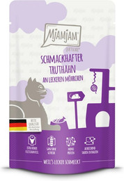 Produktbild von MJAMJAM Quetschies 125g Beutel Katzennassfutter Sparpaket 24 x 125 Gramm schmackhafter Truthahn an leckeren Möhrchen