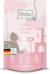 Produktbild von MJAMJAM Quetschies Kitten 125g Beutel Katzennassfutter Sparpaket 24 x 125 Gramm saftiges Huhn mit Lachsöl