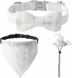 Produktbild von Monkimau Hunde-Halsband Hochzeit Set mit Schleife, Halstuch und Hut weiß M