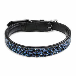Monkimau Hunde-Halsband Leder schwarz mit blauen Pailletten S-XS – Bild 1 von 7