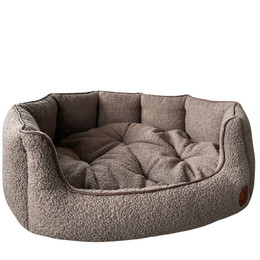 Produktbild von Muschelbett aus weichem Bouclé in Braun – stilvoller Rückzugsort für Katzen & kleine Hunde - L