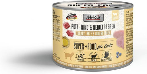 Produktbild von MAC's Cat Fleischmenü für Katzen mit Pute, Rind und Heidelbeeren 6x200g