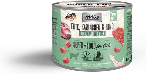 Produktbild von MAC's Katzen Nassfutter Fleischmenü Ente Kaninchen und Rind für erwachsene Katzen 6x200g