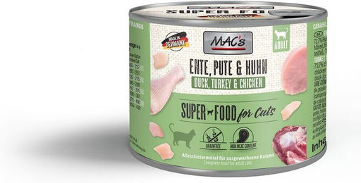 Produktbild von MAC's Katzen Nassfutter Fleischmenü Ente Pute Huhn für erwachsene Katzen 12x200g