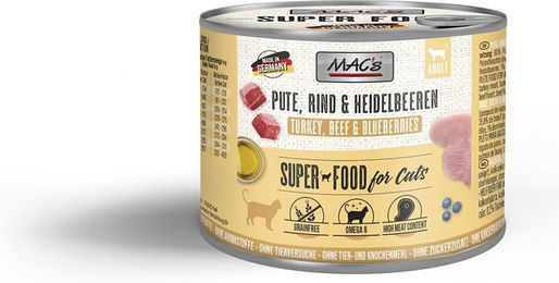 Produktbild von MAC's Katzen Nassfutter Fleischmenü Pute und Rind mit Heidelbeeren 12x200g