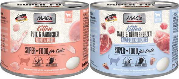 Produktbild von MAC's Katzen Nassfutter Kitten Mixpaket Getreidefrei 12x200g mit Pute Kaninchen Kalb und Huhn