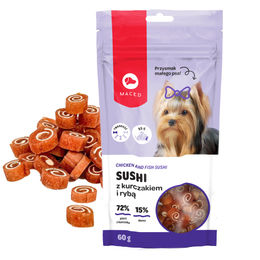 Maced Sushi Belohnungssnack Huhn und Fisch für kleine Hunde 60g mit hohem Fleischanteil und ohne Konservierungsstoffe - 60 g – Bild 1 von 6