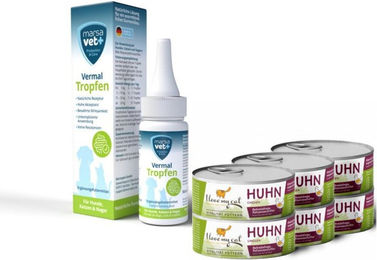 Marsavet+ Vermal Set für Katzen Adult mit Marsavet Vermal Tropfen 50 ml und I love my cat Nassfutter mit Huhn 6x100 g - 50 ml – Bild 1 von 5