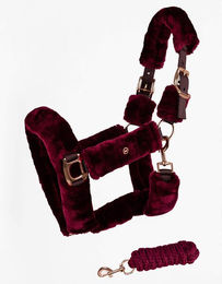 Maximilian Equestrian Halfter Fluffy Full mit Strick in Roségold und Bordeaux aus synthetischem Schafsfell – Bild 1 von 1