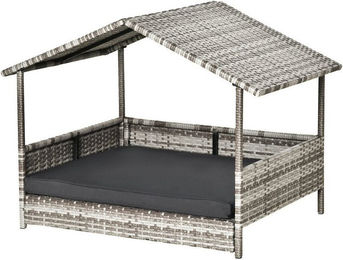 MC Star Hundehütte Rattan Hundebett in Hausform mit Kissen Grau 69 x 98 x 70 cm für kleine bis mittlere Hunde – Bild 1 von 3