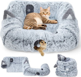 MECO 2in1 Katzentunnel XL Katzenhöhle und Tierbett aus Plüsch mit Spielball in Grau 103x85x25cm – Bild 1 von 5