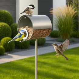 MeLiTec Vogelhaus aus Edelstahl als stehende Vogelfutterstation für den Garten in Silber matt 150 cm Höhe – Bild 1 von 1