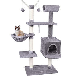 Melko Kratzbaum für Katzen in Hellgrau mit Katzenhöhle, Hängematte und Sisal, 131cm hoch – Bild 1 von 7