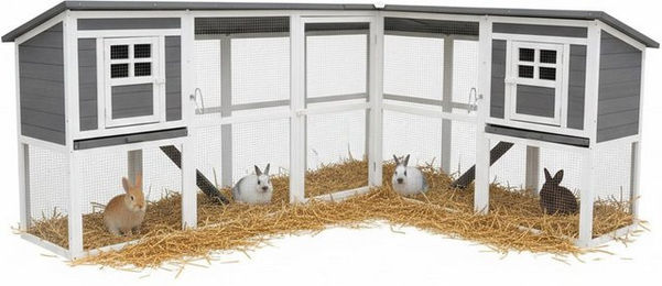 Melko XXL Kleintierstall aus Holz für Kaninchen und Meerschweinchen mit Freilaufgehege, 2 Etagen, 2 Stallkammern und Reinigungsschubladen, Grau/Weiß, 251x190,5x104 cm – Bild 1 von 5