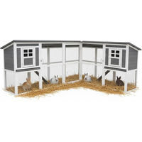 Produktbild von Melko XXL Kleintierstall aus Holz für Kaninchen und Meerschweinchen mit Freilaufgehege, 2 Etagen, 2 Stallkammern und Reinigungsschubladen, Grau/Weiß, 251x190,5x104 cm