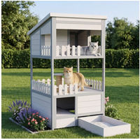 Produktbild von Merax Katzenhaus aus Massivholz für Katzen mit 2 Etagen, wetterfeste Katzenhöhle mit Terrasse, Kratzsäule und Sisalpfosten in Grau