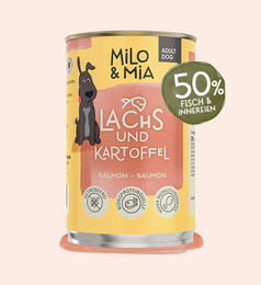 Produktbild von Milo & Mia Hundefutter Lachs und Seelachs mit Kartoffel Stückchen in Sauce getreidefrei und glutenfrei 400g