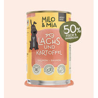 Produktbild von Milo & Mia Hundefutter Lachs und Seelachs mit Kartoffel Stückchen in Sauce getreidefrei und glutenfrei 400g