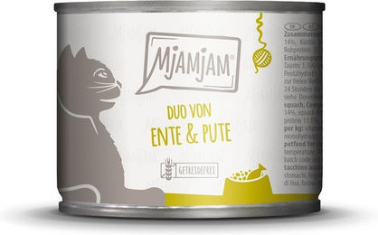 Produktbild von MjAMjAM Duo Katzenfutter Ente und Pute mit Kürbis getreidefrei und ohne Zucker 24x200g