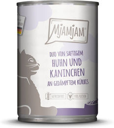 Produktbild von MjAMjAM DUO Katzenfutter Huhn und Kaninchen mit Kürbis getreidefrei ohne Zucker 6x400g