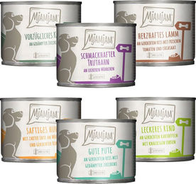 MjAMjAM Hund Nassfutter Mixpaket II mit Huhn, Ente, Rind, Pute, Kalb, Truthahn und Lamm, glutenfrei, 6 x 200g - 6 x 200 g – Bild 1 von 4