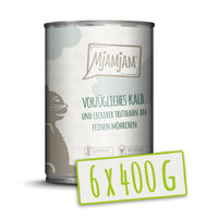 Produktbild von MjAMjAM Hundefutter Adult Kalb und Truthahn mit Möhrchen Stückchen in Sauce getreidefrei und glutenfrei 6x400g