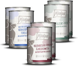 Produktbild von MjAMjAM Hundefutter Adult Mixpaket I mit 3 Sorten Hirsch Wildschwein Huhn Forelle Kalb getreidefrei glutenfrei monoprotein 6 x 400 g - 6 x 400 g