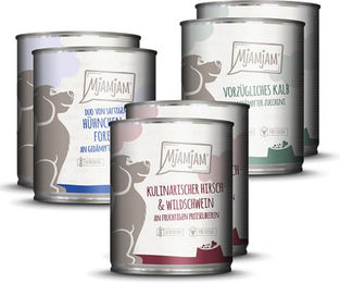 Produktbild von MjAMjAM Hundefutter Adult Mixpaket I mit Hirsch Wildschwein Huhn Forelle Kalb Stückchen in Sauce 12 x 800 g glutenfrei ohne Konservierungsstoffe und Zucker - 12 x 800 g